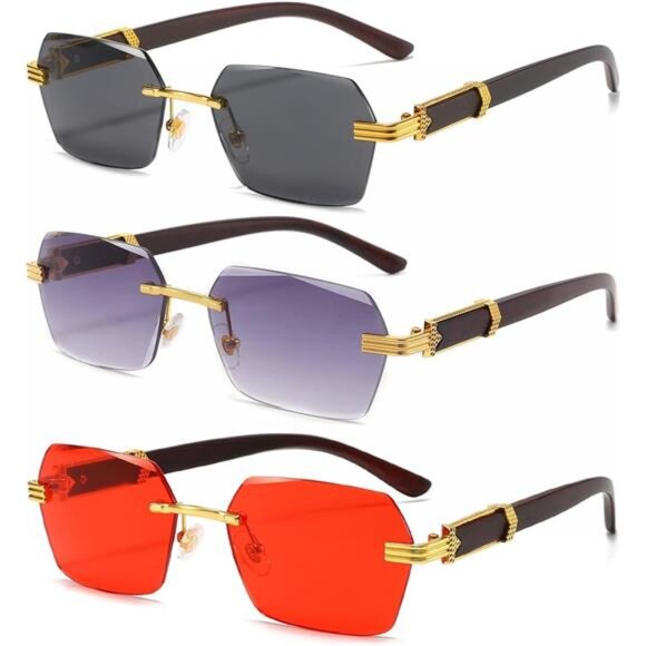 Retro Rimless Sunglasses 3 Pack (Gold/Grey + Gold/Grey Gradient + Gold/Red) - Picture 1 of 7